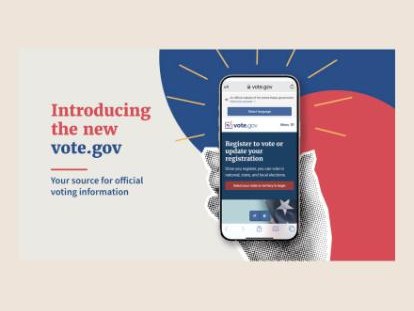 A phone showing the new Vote.gov beside the words Introducing the new vote.gov