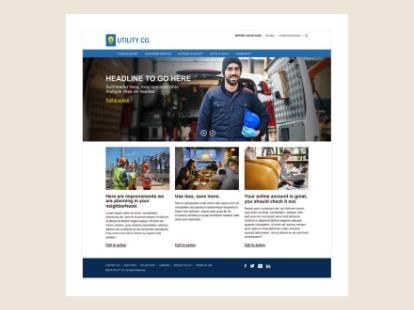 A utility company homepage with a hero image of a worker and three featured stories