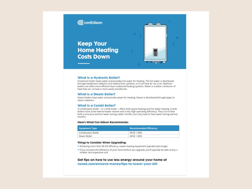 Con Edison boiler fact sheet. Home-heating fact sheet for Con Edison customers.