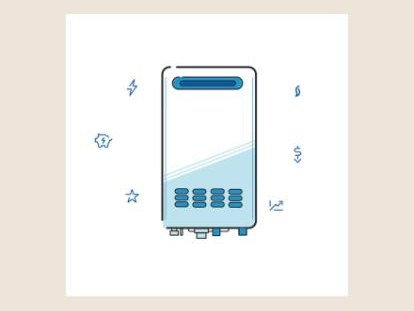 A line illustration of a tankless water heater surrounded by small icons