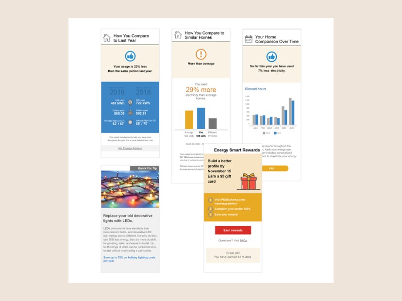 Mobile home energy report modules. Comparison, rewards, and tip modules for phone screens.