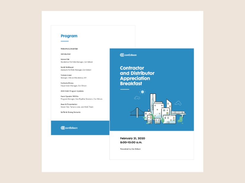 Contractor and Distributor Appreciation Breakfast. Event program cover and agenda for Con Edison.