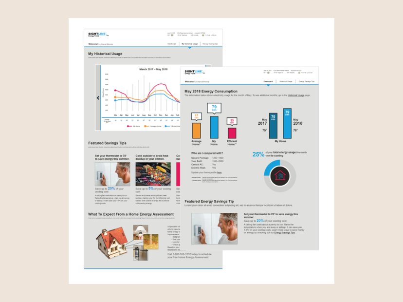Sightline energy portal. Customer portal screens: historical usage, monthly consumption, and savings tips.