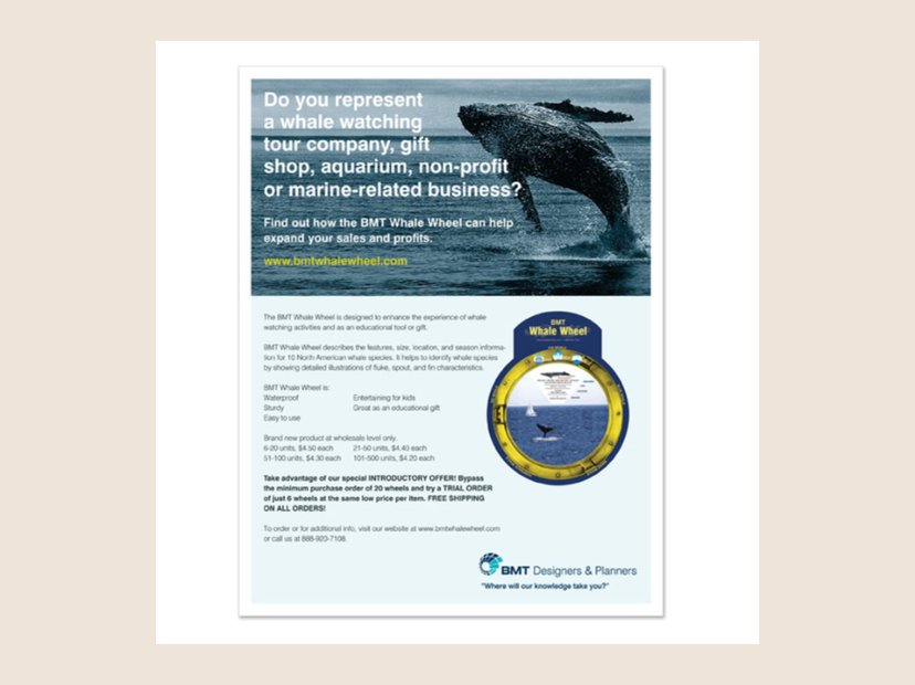 BMT Whale Wheel sell sheet. Wholesale sell sheet for the BMT Whale Wheel.