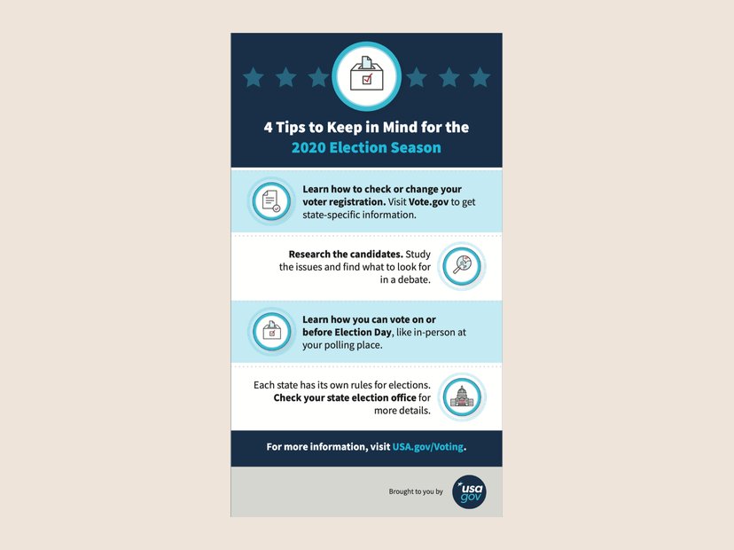 4 tips for the 2020 election season. USAGov social infographic.
