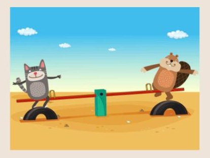 A cartoon cat and beaver playing on a seesaw in the desert