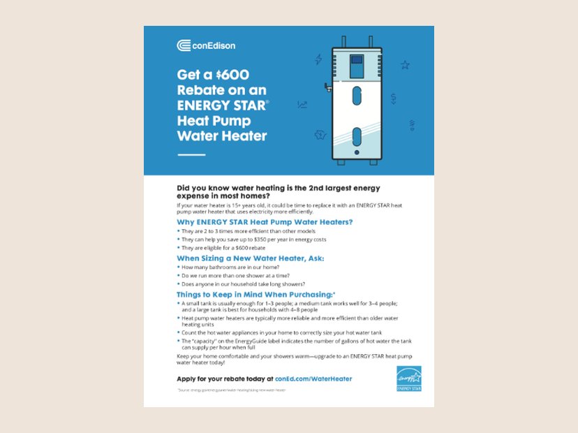 Con Edison heat pump water heater flyer. Rebate flyer with buying guidance.