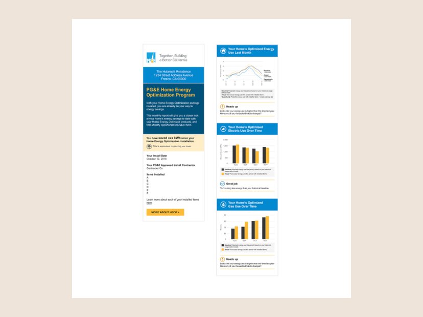 PG&E Home Energy Optimization report. Mobile report tracking savings against each home’s baseline.