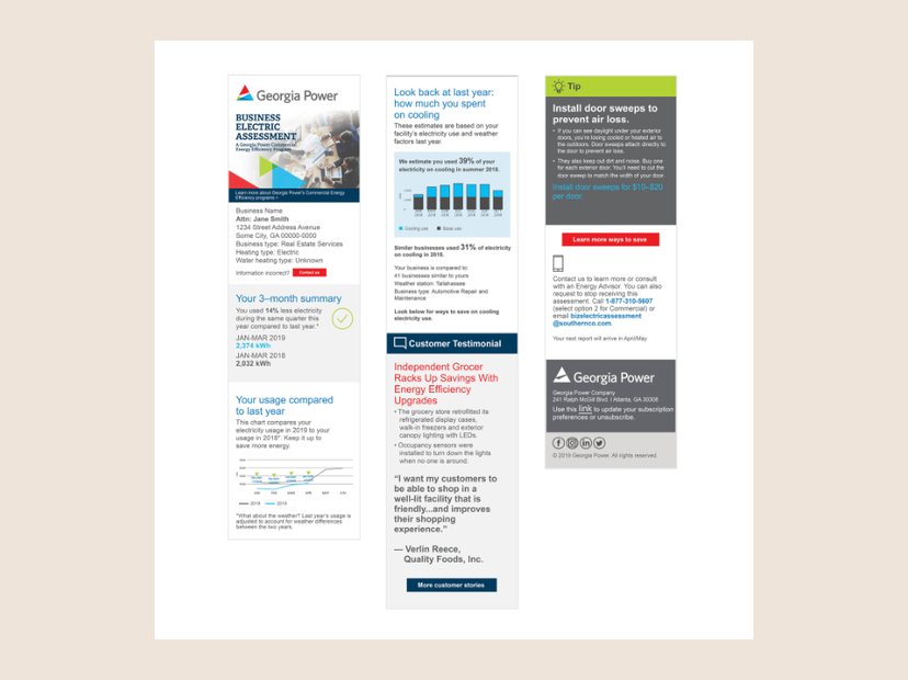 Georgia Power business energy report. Commercial report with usage comparisons, a testimonial, and savings tips.