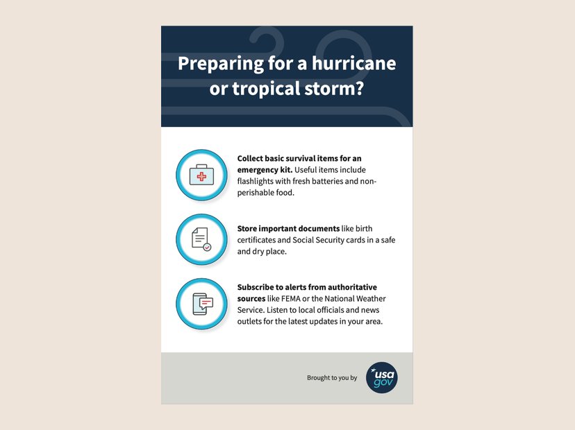 Preparing for a hurricane. USAGov emergency-preparedness social graphic.