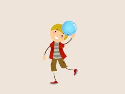 A cartoon boy walking with a blue balloon