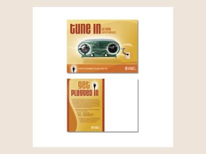 Two retro postcards, one with a vintage radio reading Tune In, one reading Get Plugged In