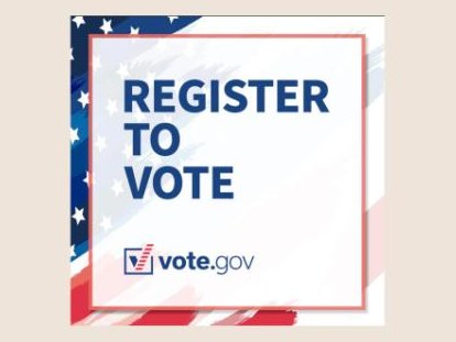 A square graphic reading Register to Vote with the vote.gov logo over a flag pattern
