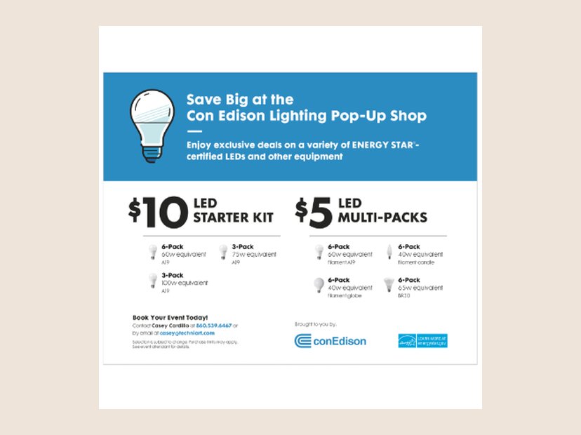 Con Edison Lighting Pop-Up Shop. Event flyer for discounted LED lighting.