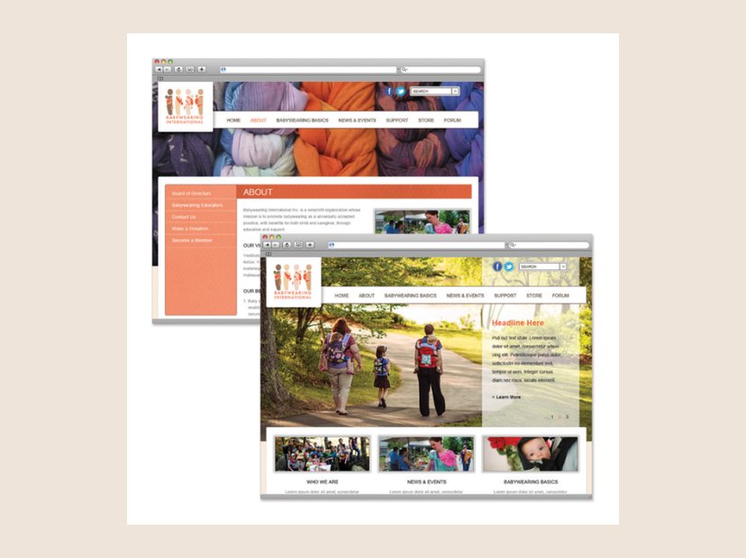 Babywearing International website. Website redesign for the nonprofit, alongside its new identity.
