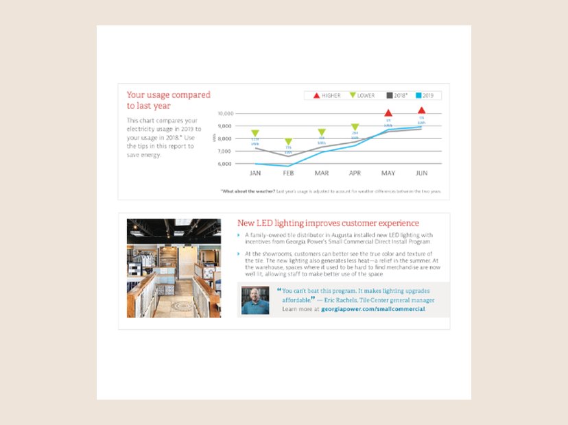Business energy report modules. A six-month self-comparison chart and a customer success story.
