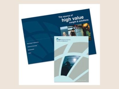 A blue pocket folder and insert reading The source of high value insight and solutions