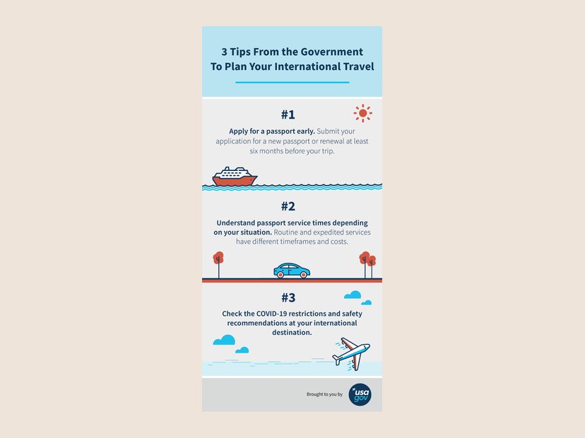 3 tips to plan international travel. Illustrated USAGov social infographic.