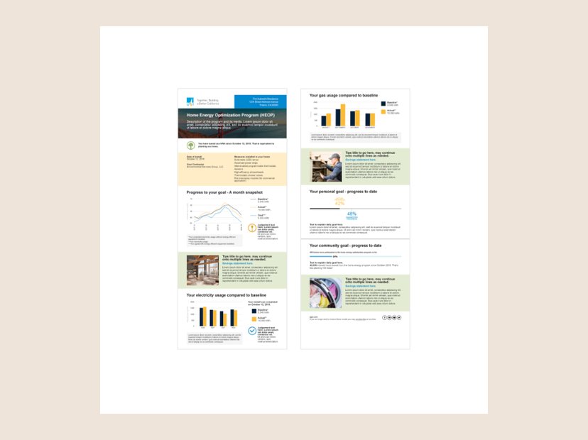 Home Energy Optimization Program report. Report template tracking a household against its baseline and goals.