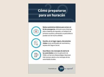 A tip sheet in Spanish on preparing for a hurricane, with three icons and tips