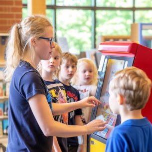 A young person using a large-text touchscreen kiosk in a library while others look on
