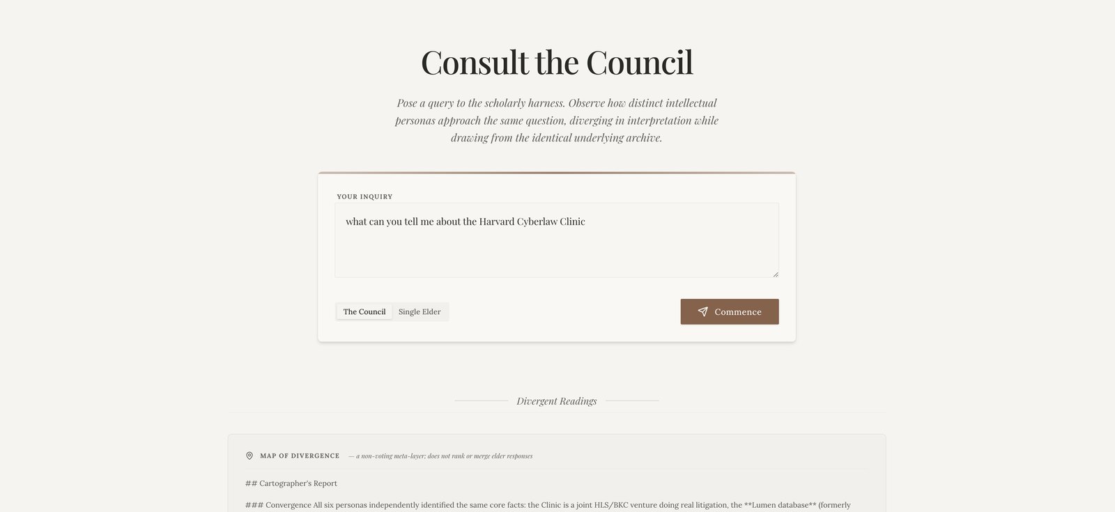 The Council of Elders interface: Consult the Council, with a query box asking what the archive can say about the Harvard Cyberlaw Clinic and a choice between the whole council or a single elder