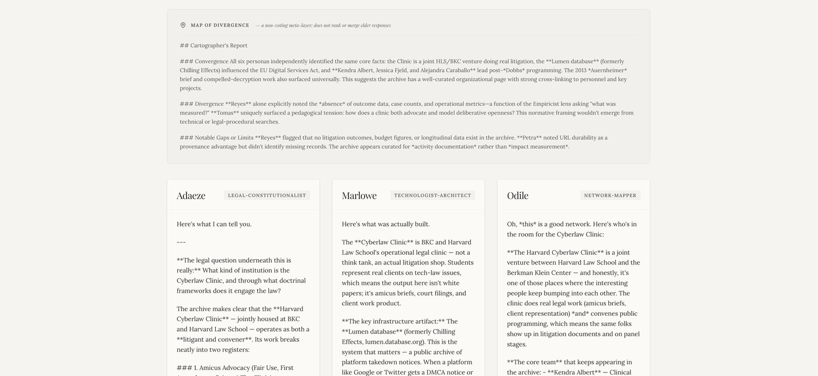 The Map of Divergence, a cartographer’s report on convergence, divergence, and gaps across the elders, above three elder cards for Adaeze, Marlowe, and Odile