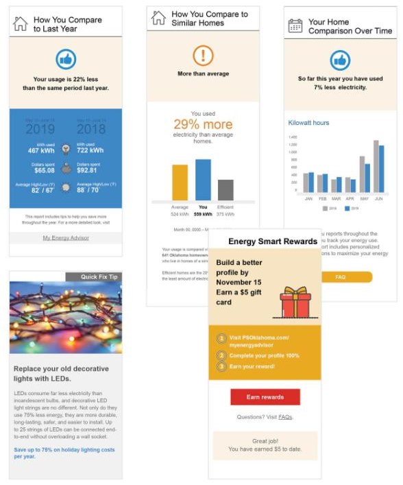 Email report modules: compared to last year, compared to similar homes, comparison over time, a quick fix tip, and an energy rewards module