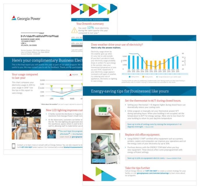 A Georgia Power business energy report: a three-month summary, usage compared to last year, weather impact, and energy-saving tips