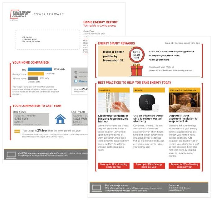 A PSO home energy report: home comparison bars, comparison to last year, rewards, and best practices for saving energy