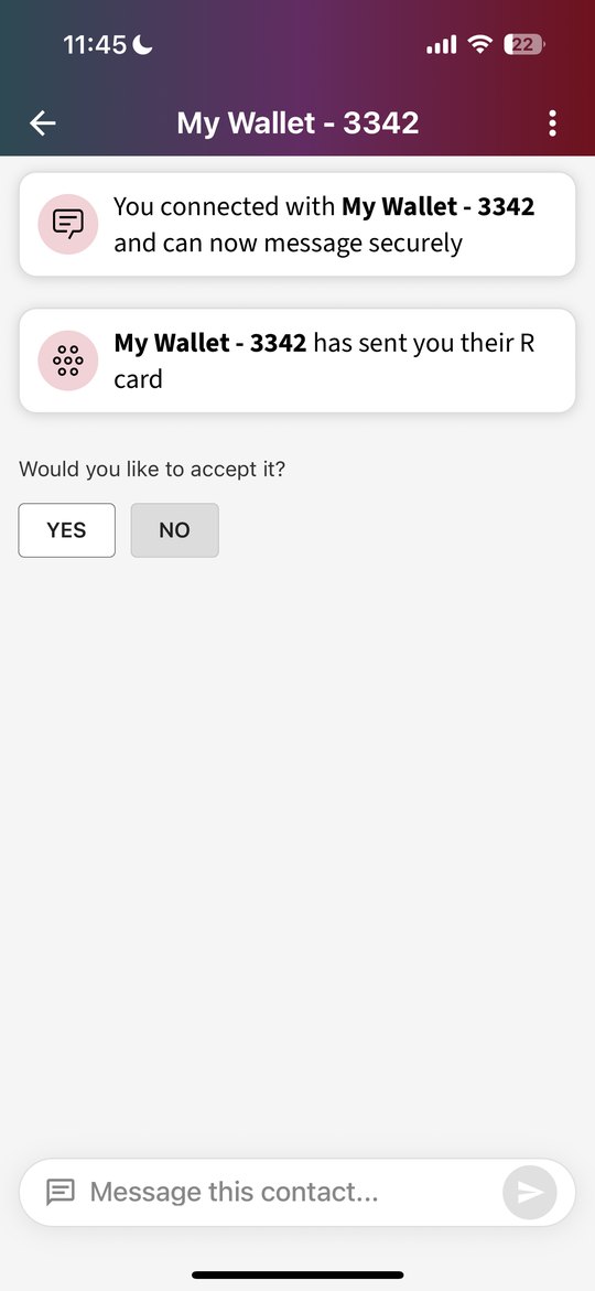A secure conversation confirming the connection and asking whether to accept the contact’s R-card