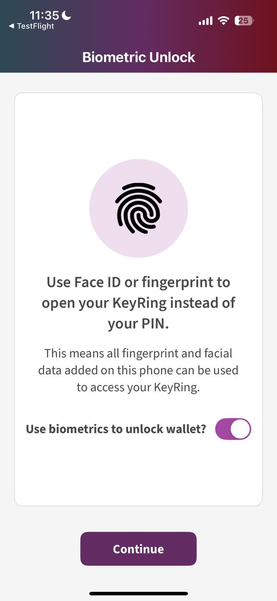 Biometric unlock screen explaining that all fingerprint and face data on the phone can be used to open Keyring, with a toggle