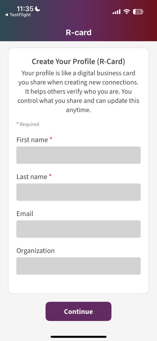 Create your profile (R-card) screen: a digital business card you share when connecting, with name, email, and organization fields