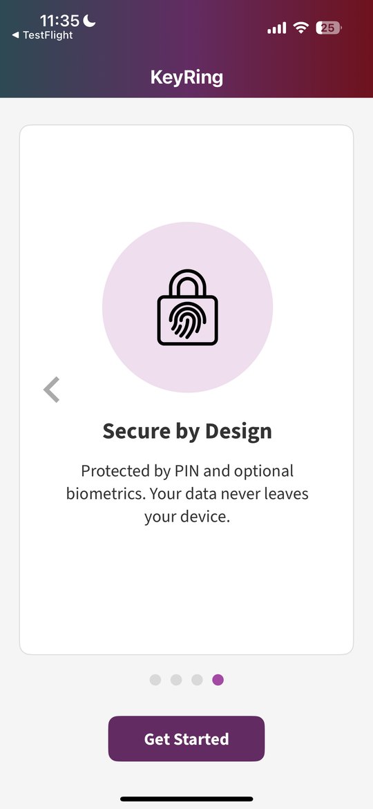 Onboarding card titled Secure by Design: protected by PIN and optional biometrics, your data never leaves your device