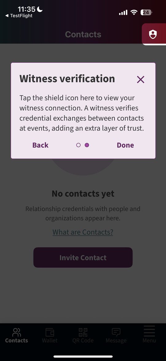 App settings with toggles for Biometric Unlock, Secure Exchanges, Witnessing, and Reporting, each with a one-line explanation
