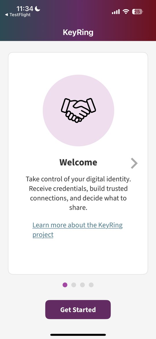 Keyring welcome screen: Take control of your digital identity. Receive credentials, build trusted connections, and decide what to share.