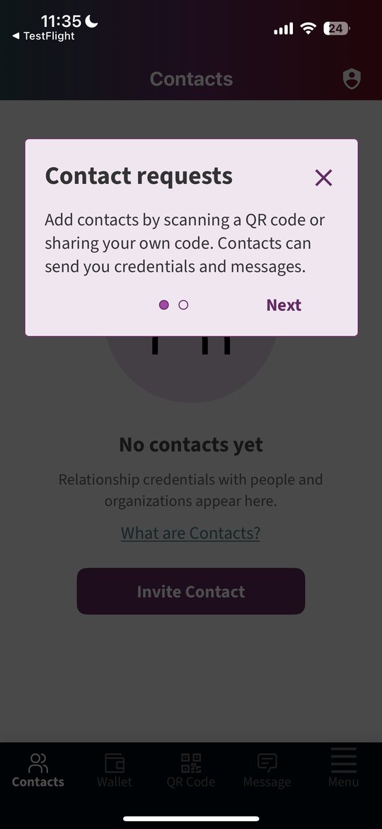 An in-app guide explaining witness verification: a witness verifies credential exchanges at events, adding an extra layer of trust