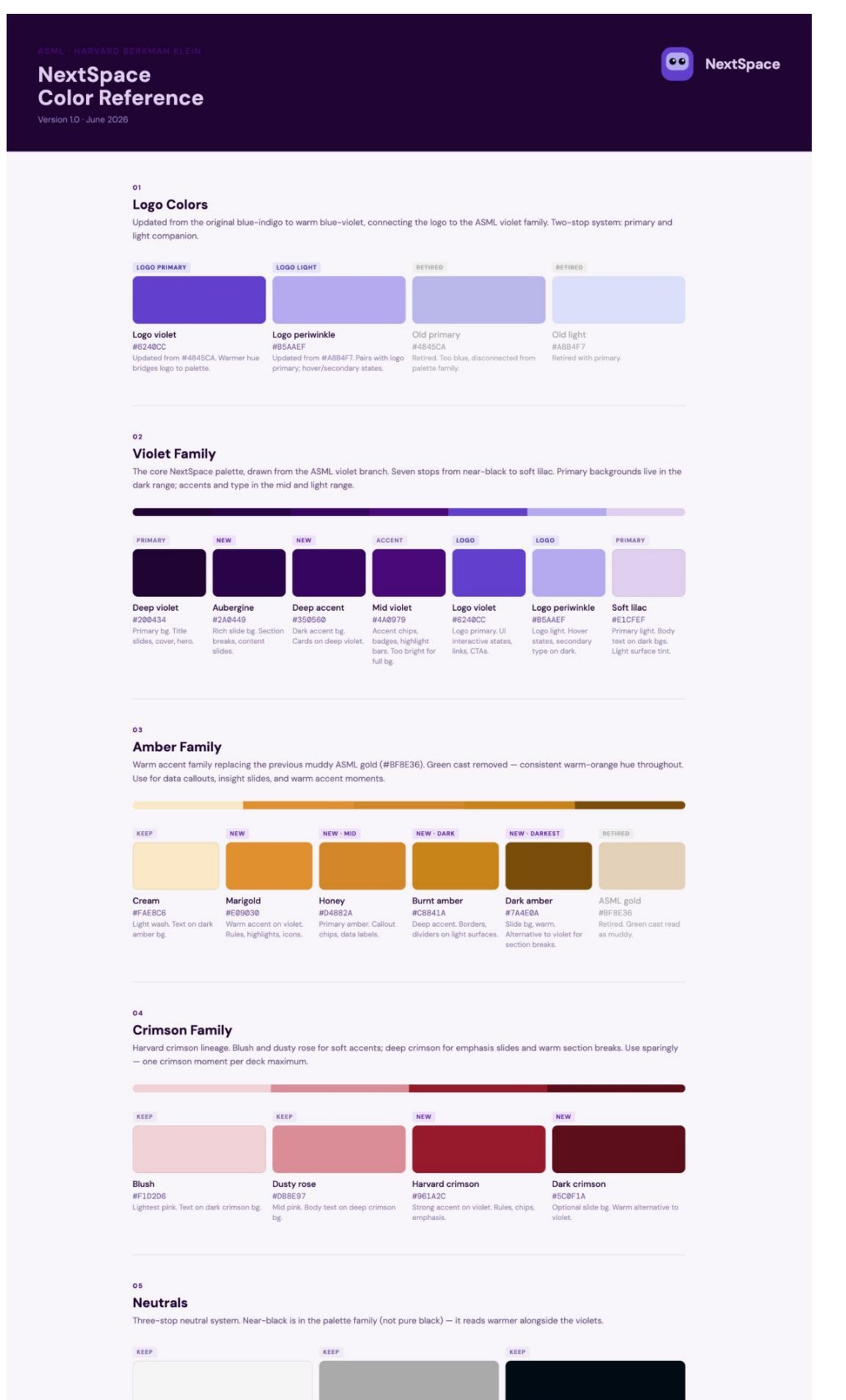 The NextSpace Color Reference, version 1.0, June 2026: logo colors with retired values, a seven-stop violet family, amber and crimson families, and neutrals, each swatch labeled with its hex value and use