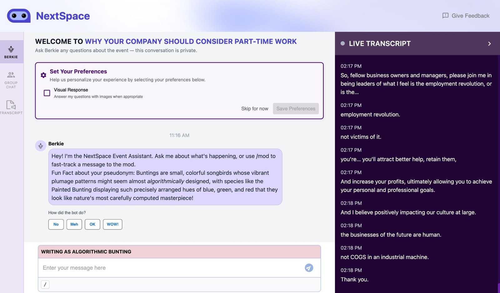 An earlier NextSpace event view with Berkie’s private tab, a preferences panel, the attendee’s pseudonym, and the live transcript