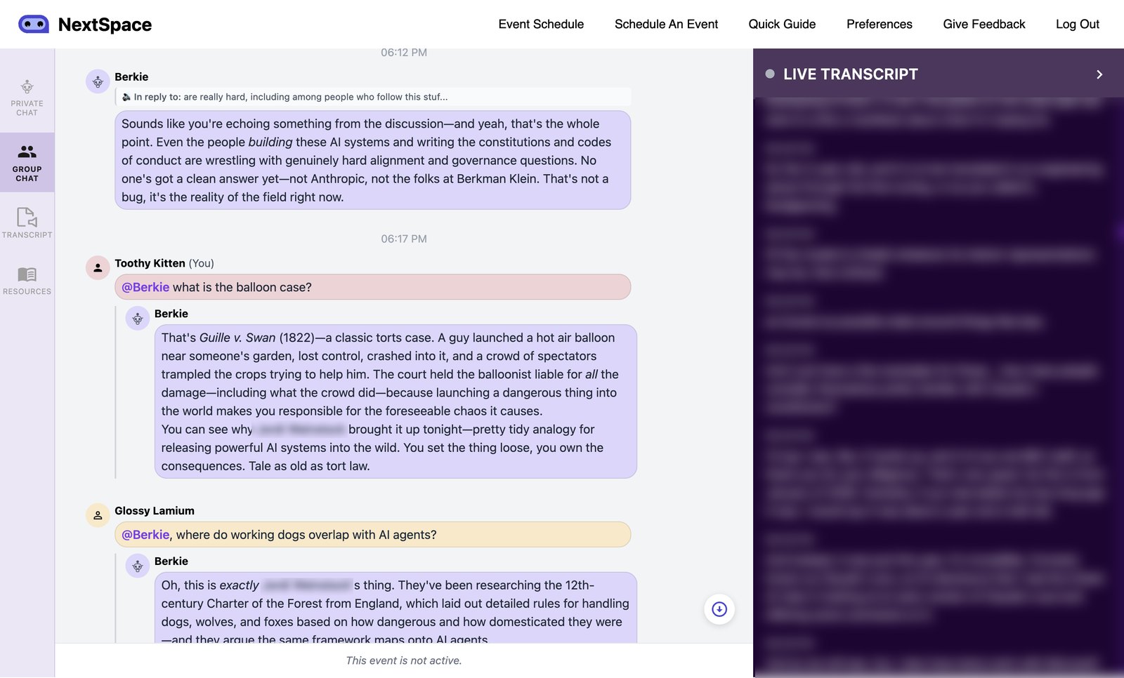 NextSpace group chat: pseudonymous attendees ask @Berkie questions and Berkie replies in thread, with the live transcript panel on the right