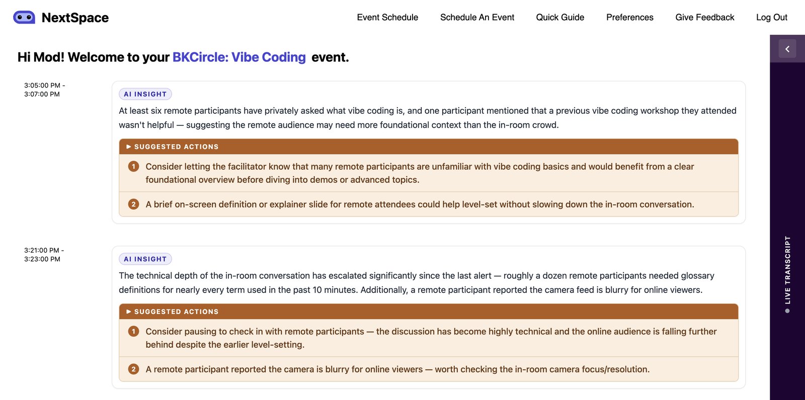 The moderator view for a BKCircle event: timestamped AI insight cards, each followed by numbered suggested actions
