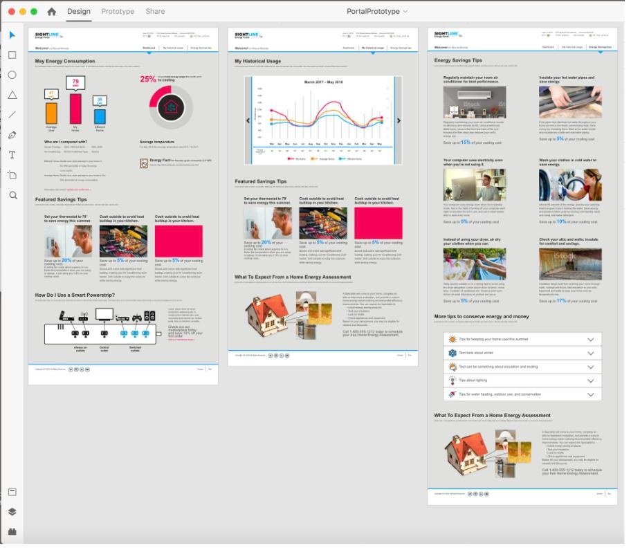 Three high-fidelity energy portal screens in a prototyping tool: monthly energy consumption with peer comparison, historical usage, and energy saving tips