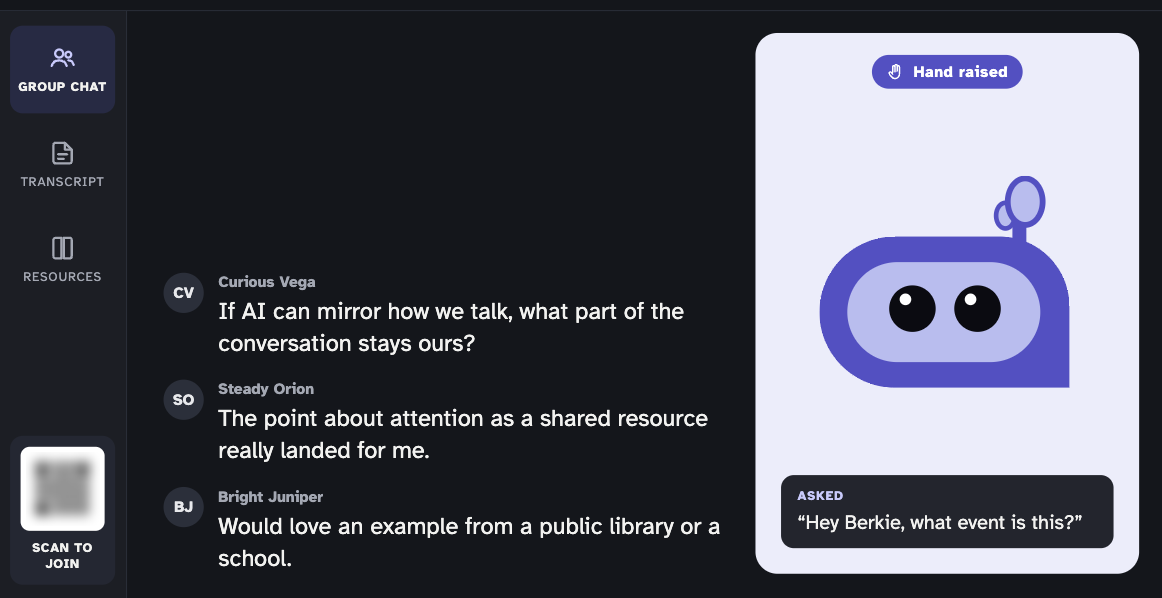 NextSpace presentation mode: pseudonymous group chat and Berkie with its hand raised