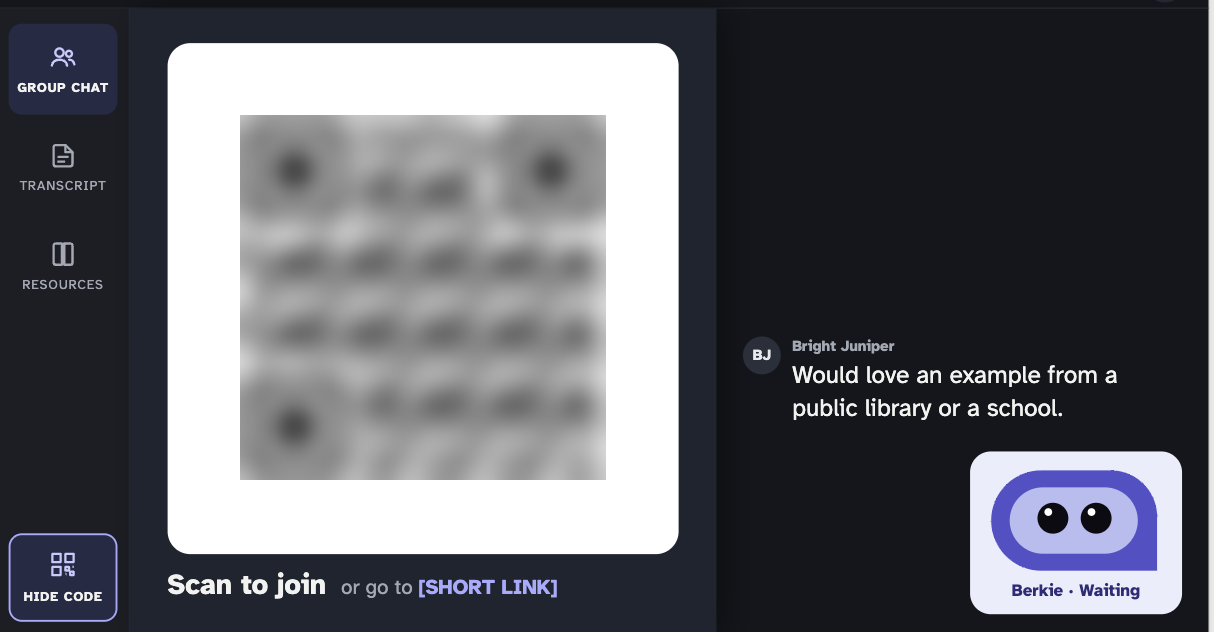 Presentation mode showing a large QR code with Scan to join, the latest chat message, and a small Berkie card marked Waiting