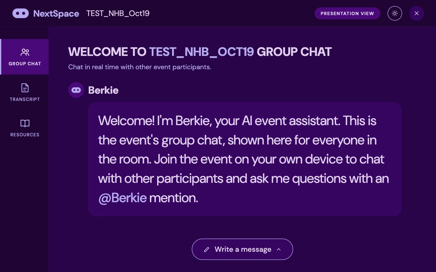 Presentation view in a dark purple theme: a large welcome from Berkie inviting everyone in the room to join on their own device and ask questions with an @Berkie mention