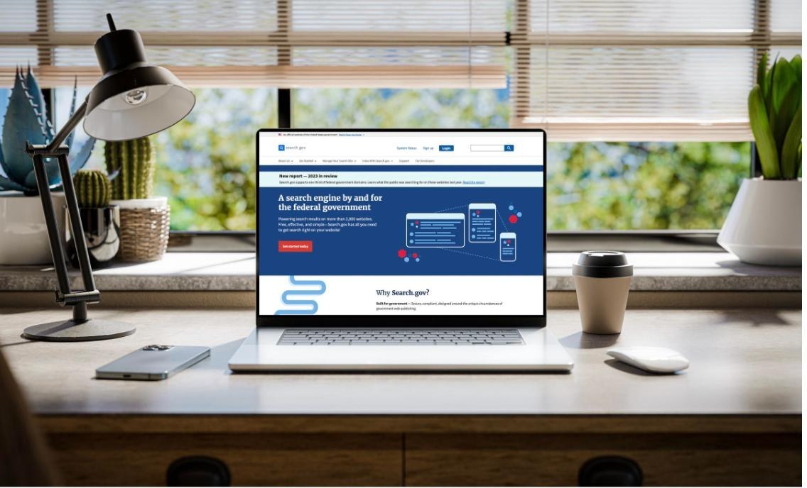 The Search.gov homepage on a laptop: A search engine by and for the federal government, powering search results on more than 2,000 websites