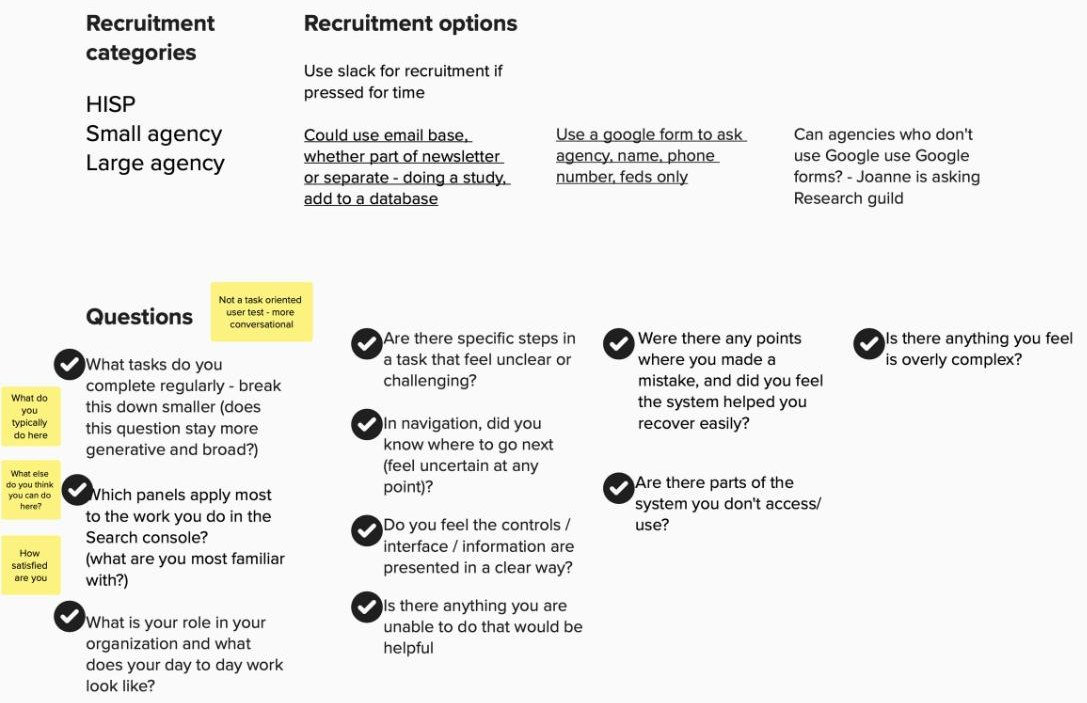 Research planning board with recruitment categories, recruitment options, and the interview questions