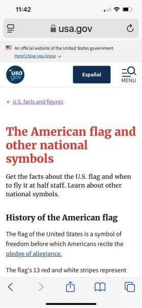 An article page on a phone about the American flag and other national symbols