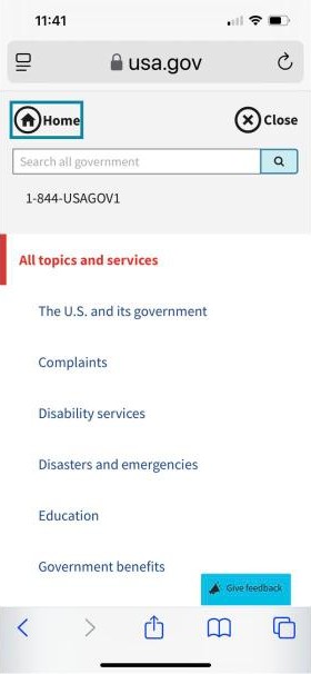 The mobile menu with search, a phone number, and the topic list